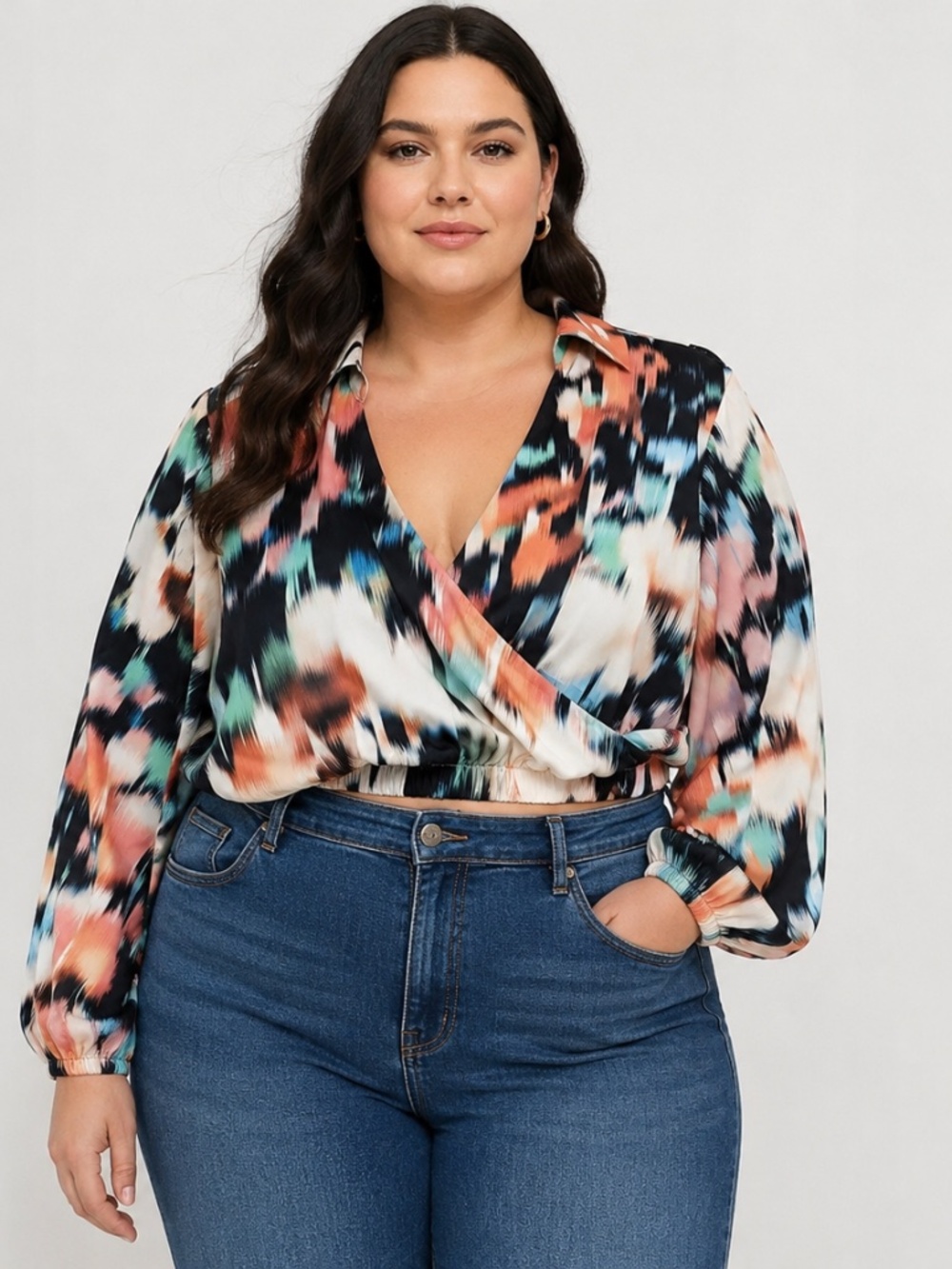 ELOQUII Blouse Top Plus Size 18 Wrap Cropped Abstract Print Long Sleeve